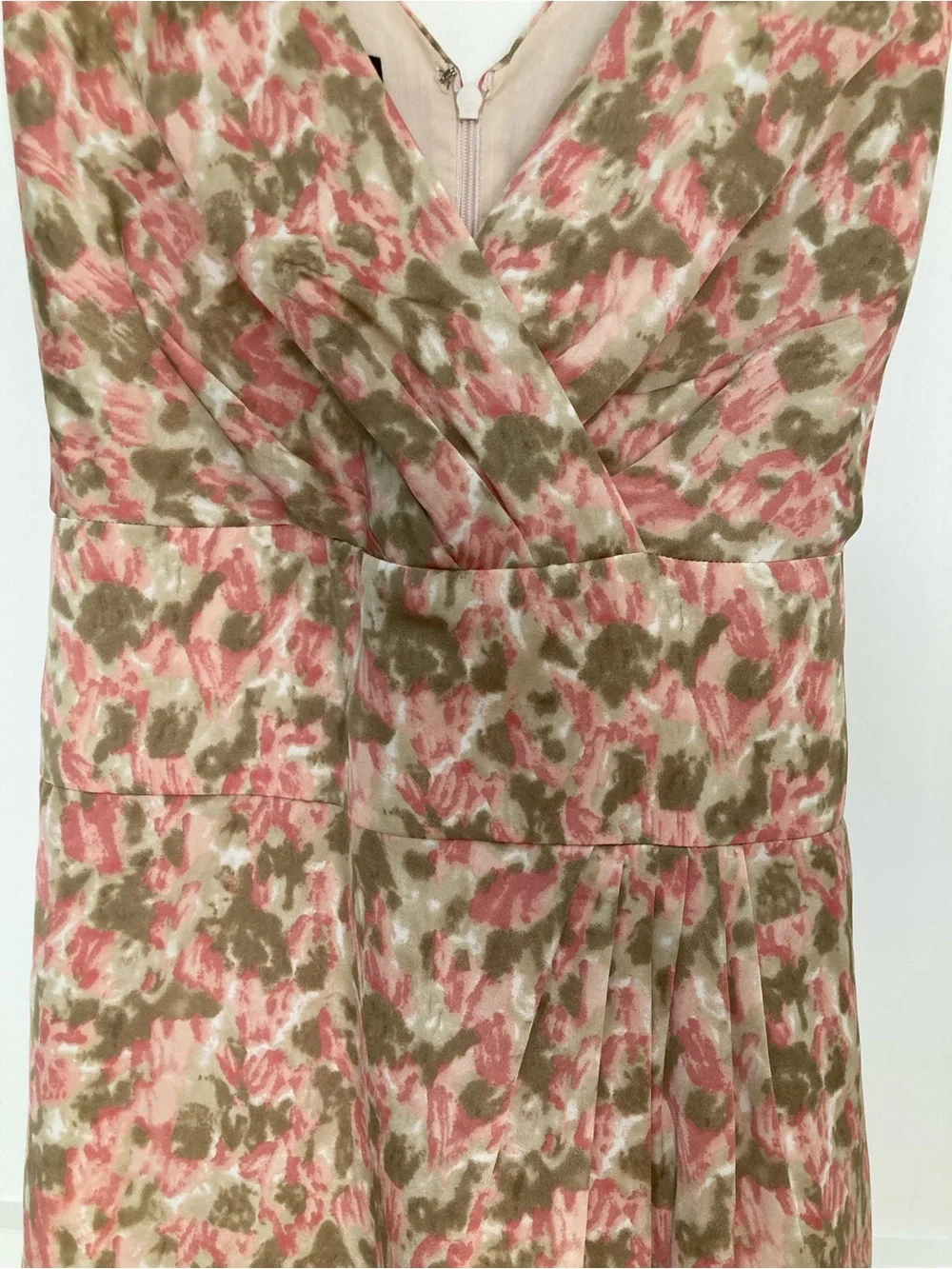 Talbots Pink and Taupe Floral V Neck Sleeveless Dress with Bow